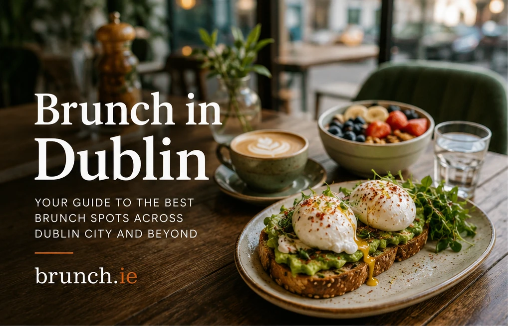 Illustrative brunch table with poached eggs, avocado toast, coffee and fruit