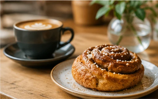 Illustrative coffee and pastry served on a wooden café table