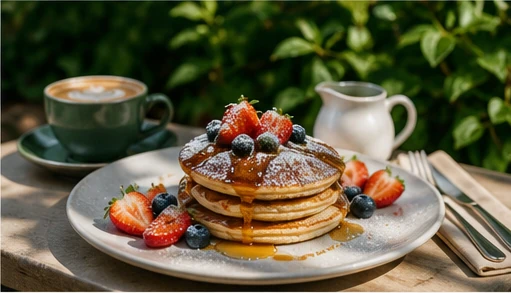 Illustrative pancakes with berries and coffee