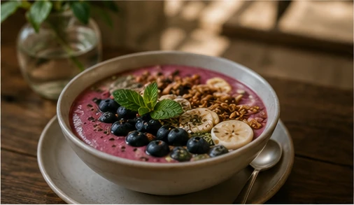 Illustrative smoothie bowl with fruit and granola
