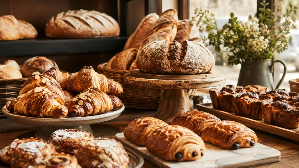 Illustrative bakery counter with artisan breads, croissants and pastries