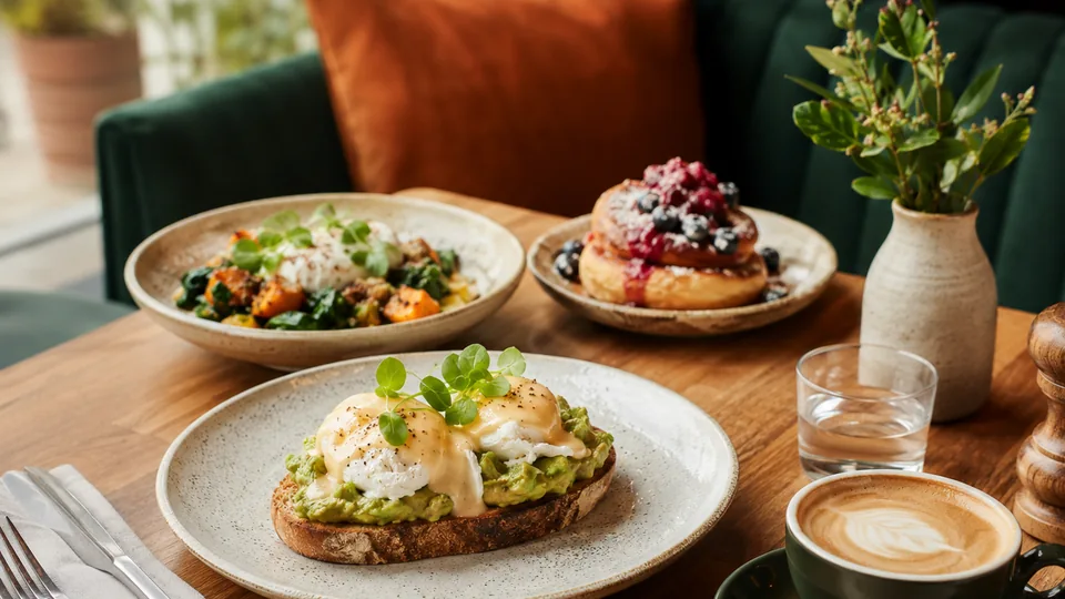Illustrative brunch table with avocado toast, poached eggs, pancakes and coffee