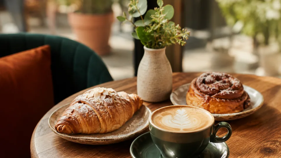 Illustrative café table with coffee, croissant and cinnamon pastry