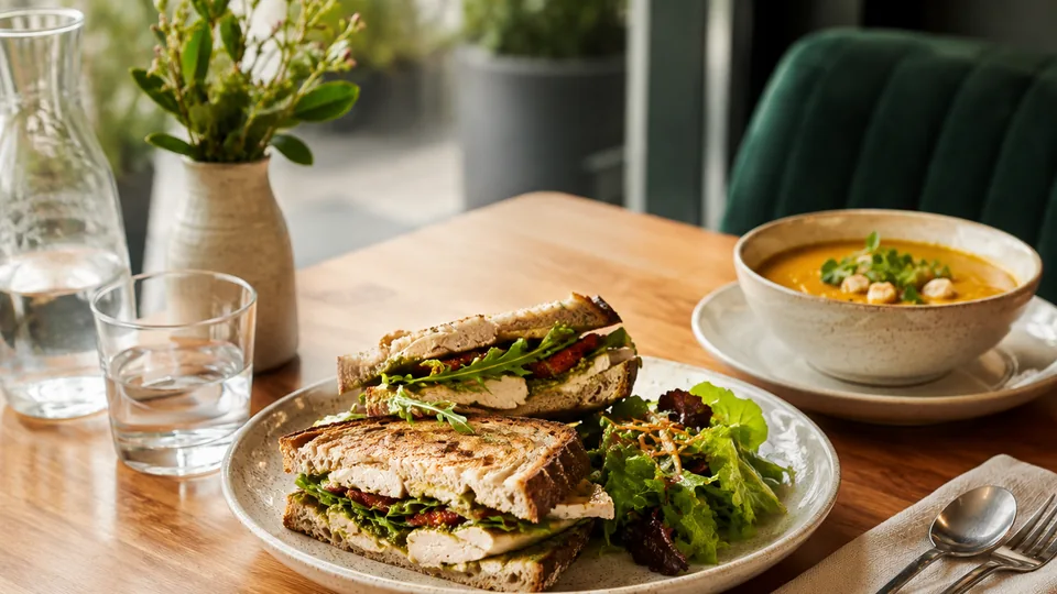 Illustrative café lunch with toasted sandwiches, salad and soup